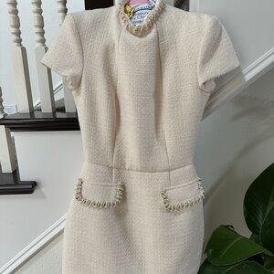 NADINE MERABI Cream Sheath Mini Dress Mock Neck Wedding Guest